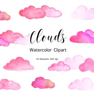 Watercolor Clouds Clipart, Pink Clouds Clipart,  Clouds Clipart, Baby clouds, Digital clouds clipart,  10 Watercolor design elements, PNG