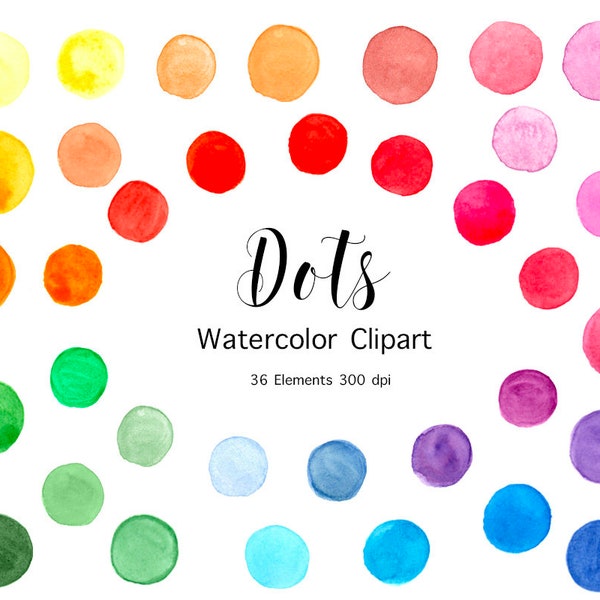 Watercolor Dots Clipart, 36 Dots, Hand Painted, Circles clipart, Dots Download, Instant Download, Colorful Spots, Round shape clipart