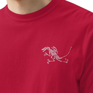 Authentic Raptor Fossil Embroidered T-Shirt – Dinosaur Skeleton Design – Velociraptor-Inspired Paleontology Apparel - "Specimen Series"
