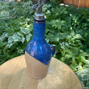 Handmade Pottery Oil Cruet – 12oz Stoneware Bottle with Handle, Blue & Natural Clay Glaze – Olive Oil or Vinegar Dispenser