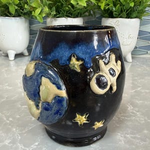 Handmade Space Mug with Astronauts, 20 oz Ceramic Coffee Mug, Cosmic Pottery, Galaxy Glaze Cup, Unique Sci-Fi Gift for Space Lovers