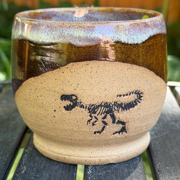T. rex Fossil Mug – Handmade Ceramic Coffee Cup, 16 oz, Brown Earth Glaze, Dinosaur Gift
