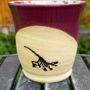 Velociraptor Fossil Mug – 20 oz Handmade Ceramic Mug – Raspberry Glaze Coffee Cup – Dinosaur Mug – Stoneware Pottery