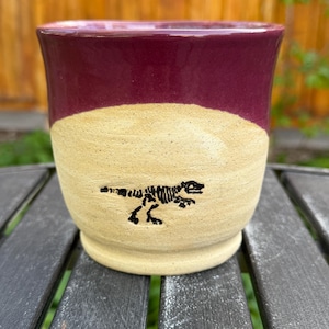 T Rex Fossil Mug – 18 oz Handmade Ceramic Mug – Raspberry Glaze Coffee Cup – Dinosaur Mug – Stoneware Pottery Gift