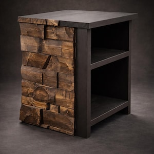 May include: A rustic wooden side table with a dark gray top and two shelves. The side panel features a textured, carved wood design in shades of brown. The table is a square shape and stands on four legs.