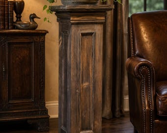 Old English Finish American-Made Antique Style Wood Column, Plant/Statue Display Stand