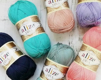 Alize Diva Yarn, fil à tricoter, fil au crochet, fil doux, fil acrylique, fil d'été, fil en microfibre, fil de dentelle, motif bikini