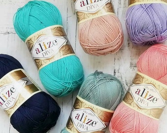 Alize Diva Yarn, fil à tricoter, fil au crochet, fil doux, fil acrylique, fil d'été, fil en microfibre, fil de dentelle, motif bikini