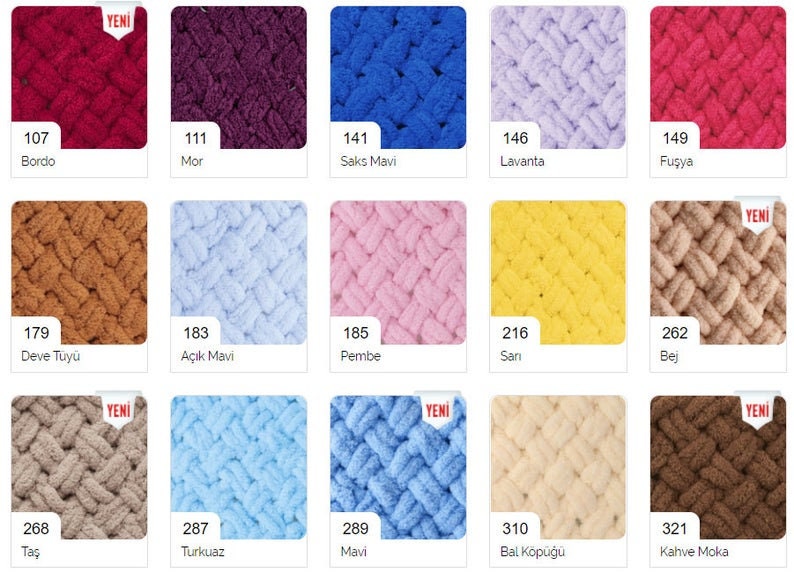 May include: A collection of yarn samples in various colours, including burgundy, purple, blue, lavender, pink, yellow, beige, brown, and grey. The yarn is arranged in a grid pattern and labelled with numbers and names in Turkish.