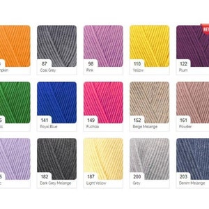 May include: A color chart of yarn samples with corresponding numbers and names. The colors include pumpkin, coal grey, pink, yellow, plum, grass, royal blue, fuchsia, beige melange, powder, lilac, dark grey melange, light yellow, grey, and denim melange.