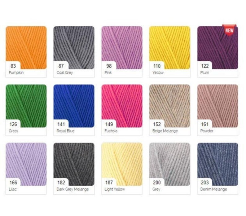 May include: A color chart of yarn samples with corresponding numbers and names. The colors include pumpkin, coal grey, pink, yellow, plum, grass, royal blue, fuchsia, beige melange, powder, lilac, dark grey melange, light yellow, grey, and denim melange.
