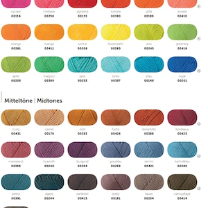 Puede incluir: Una carta de colores de muestras de hilo con nombres y n&uacute;meros alemanes. La carta est&aacute; dividida en dos secciones: "Strahlende Farben" (Colores brillantes) y "Mittelt&ouml;ne" (Tonalidades medias). Cada muestra de hilo es de un color diferente y tiene un n&uacute;mero correspondiente.