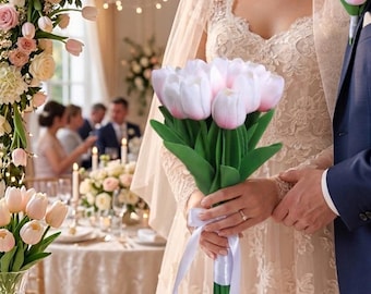 Pink and White Tulip Bridal Bouquet with Boutonniere Set, Real Touch Soft Blush Wedding Flowers, Elegant Bride Bouquet & Groom Set
