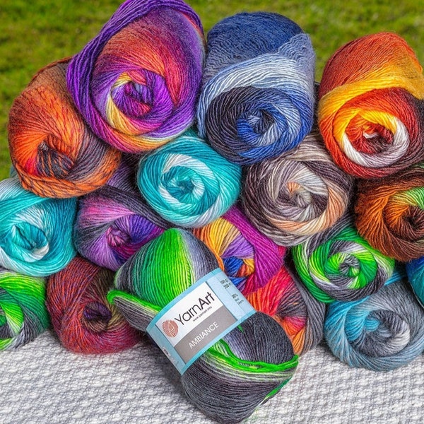 YarnArt Ambiance Fil à tricoter, Fil dégradé, Fil de laine, Fil multicolore, Fil acrylique, Fil de châle, Fil doux, 20% Laine, 3,52 oz, 273,40 Yds