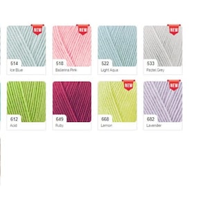 May include: A color chart of yarn samples in various colors, including crystal blue, ice blue, ballerina pink, light aqua, pastel grey, jade, acid, ruby, lemon, lavender, and milky brown melange.