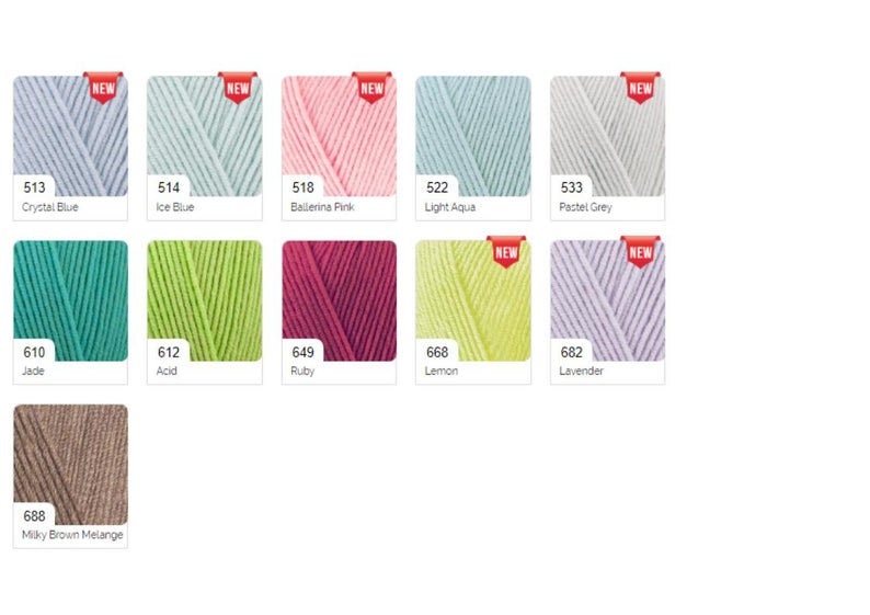 May include: A color chart of yarn samples in various colors, including crystal blue, ice blue, ballerina pink, light aqua, pastel grey, jade, acid, ruby, lemon, lavender, and milky brown melange.