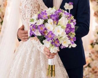 Purple and White Freesia Bridal Bouquet Set of 2,Artificial Wedding Bouquet,Groom Boutonniere ,Fake Flower Bouquet for Bride,Bridal