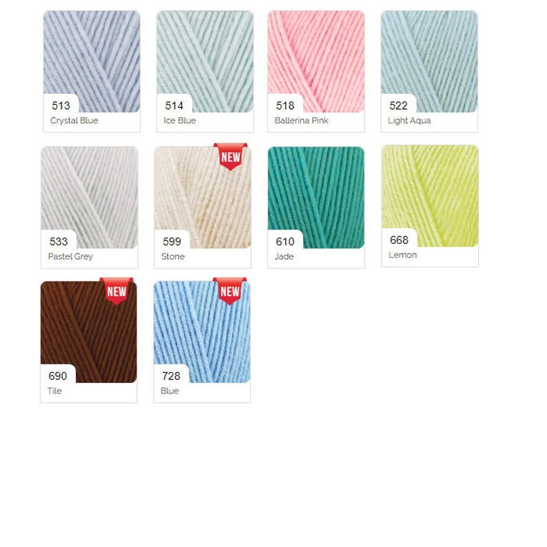 May include: A collection of yarn skeins in various colors, including crystal blue, ice blue, ballerina pink, light aqua, pastel grey, stone, jade, lemon, tile, and blue. The skeins are arranged in a grid pattern with the color names and numbers printed below each skein.