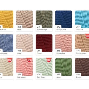 May include: A color chart of yarn samples in various colors, including dark yellow, beige, khaki, midnight blue, turquoise, blue melange, nude, cherry, powder pink, dusty powder, stone, pink apricot, baby green, green, and brown. The chart is labeled with the color name and a corresponding number.