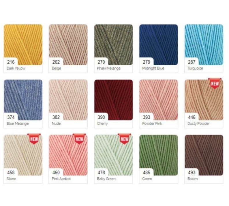 May include: A color chart of yarn samples in various colors, including dark yellow, beige, khaki, midnight blue, turquoise, blue melange, nude, cherry, powder pink, dusty powder, stone, pink apricot, baby green, green, and brown. The chart is labeled with the color name and a corresponding number.