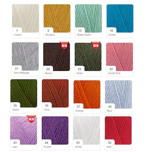May include: A color chart of yarn samples, with each color labeled with a number and name. The colors include cream, mustard, water green, ocean, grey melange, brown, khaki, candy pink, green, terra, orange, blue, lilac, purple, white, and red.