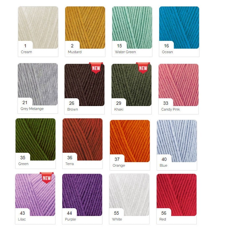 May include: A color chart of yarn samples, with each color labeled with a number and name. The colors include cream, mustard, water green, ocean, grey melange, brown, khaki, candy pink, green, terra, orange, blue, lilac, purple, white, and red.