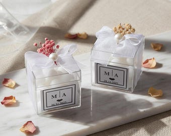 Personalized Wedding Favor Candles: Soy Wax, Dried Floral & Ribbon