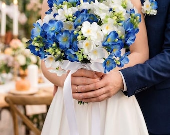 Royal Blue and White Freesia Bridal Bouquet Set, Artificial Wedding Flowers, Groom Boutonniere Set, Fake Flower Bouquet for Bride