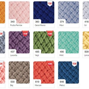 May include: A chart of yarn colours with numbers and names in Turkish. The colours include orange, pink, blue, grey, green, mint, yellow, salmon, beige, coral, and navy.
