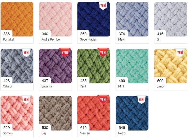 May include: A chart of yarn colours with numbers and names in Turkish. The colours include orange, pink, blue, grey, green, mint, yellow, salmon, beige, coral, and navy.