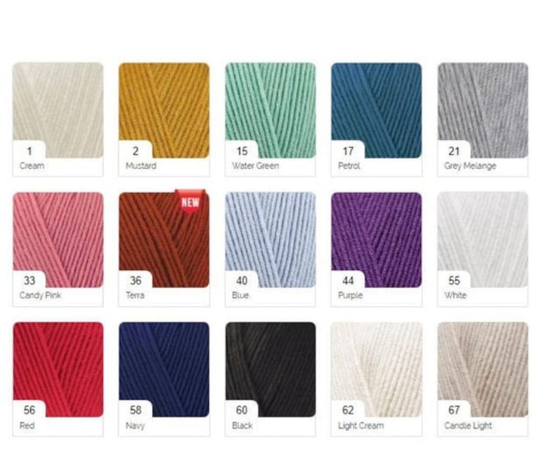 May include: A color chart of yarn samples in various colors, including cream, mustard, water green, petrol, grey melange, candy pink, terra, blue, purple, white, red, navy, black, light cream, and candle light.