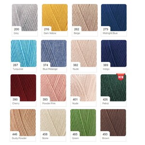 May include: A color chart of yarn samples with corresponding numbers and names. The colors include grey, dark yellow, beige, midnight blue, turquoise, blue melange, nude, indigo, cherry, powder pink, petrol, dusty powder, stone, green, and brown.