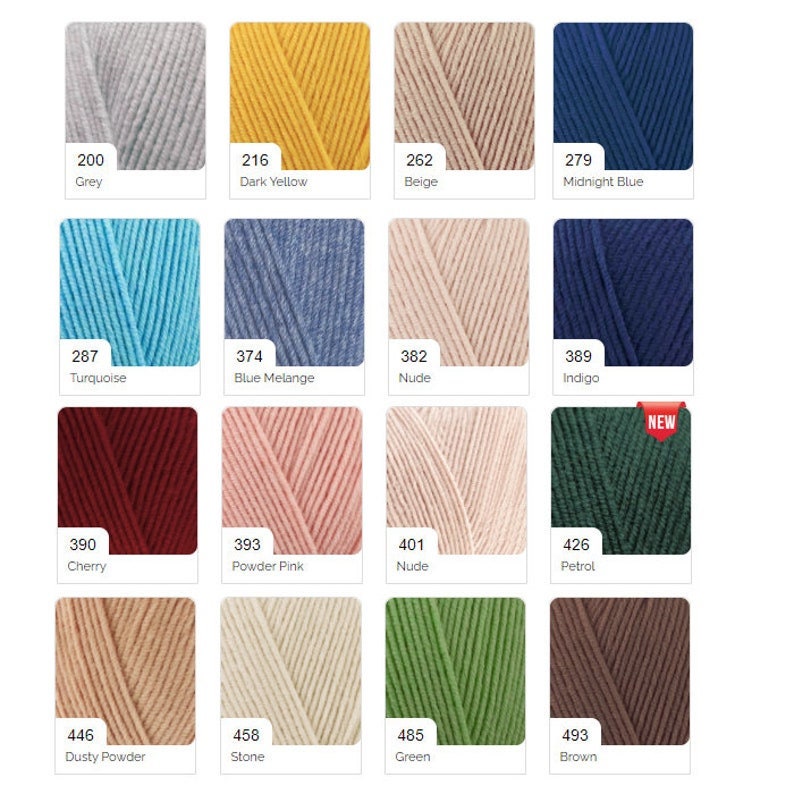 May include: A color chart of yarn samples with corresponding numbers and names. The colors include grey, dark yellow, beige, midnight blue, turquoise, blue melange, nude, indigo, cherry, powder pink, petrol, dusty powder, stone, green, and brown.