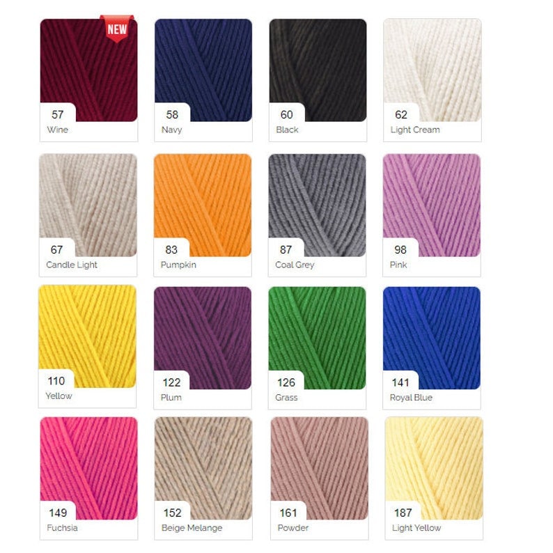 May include: A color chart of yarn samples with corresponding numbers and names. The colors include wine, navy, black, light cream, candle light, pumpkin, coal grey, pink, yellow, plum, grass, royal blue, fuchsia, beige melange, powder, and light yellow.