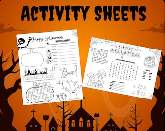 May include: Halloween-themed activity sheets with a pumpkin and spooky background. The sheets include a word scramble, a maze, and a word search puzzle. The text on the sheets reads "Happy Halloween" and "Pumpkin Maze".