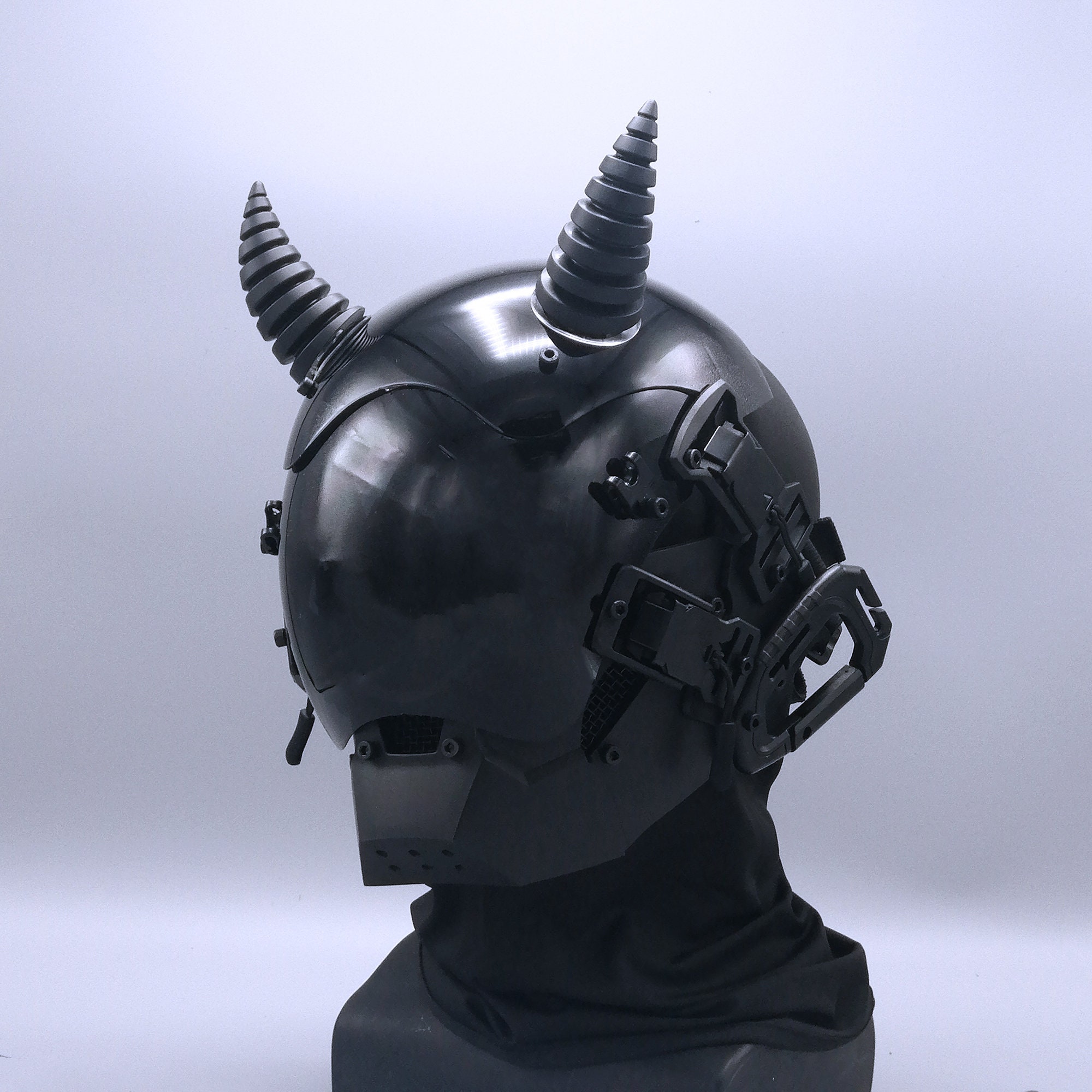 Devil Horn Cyberpunk Mask Black Full Face Halloween Cosplay - Etsy