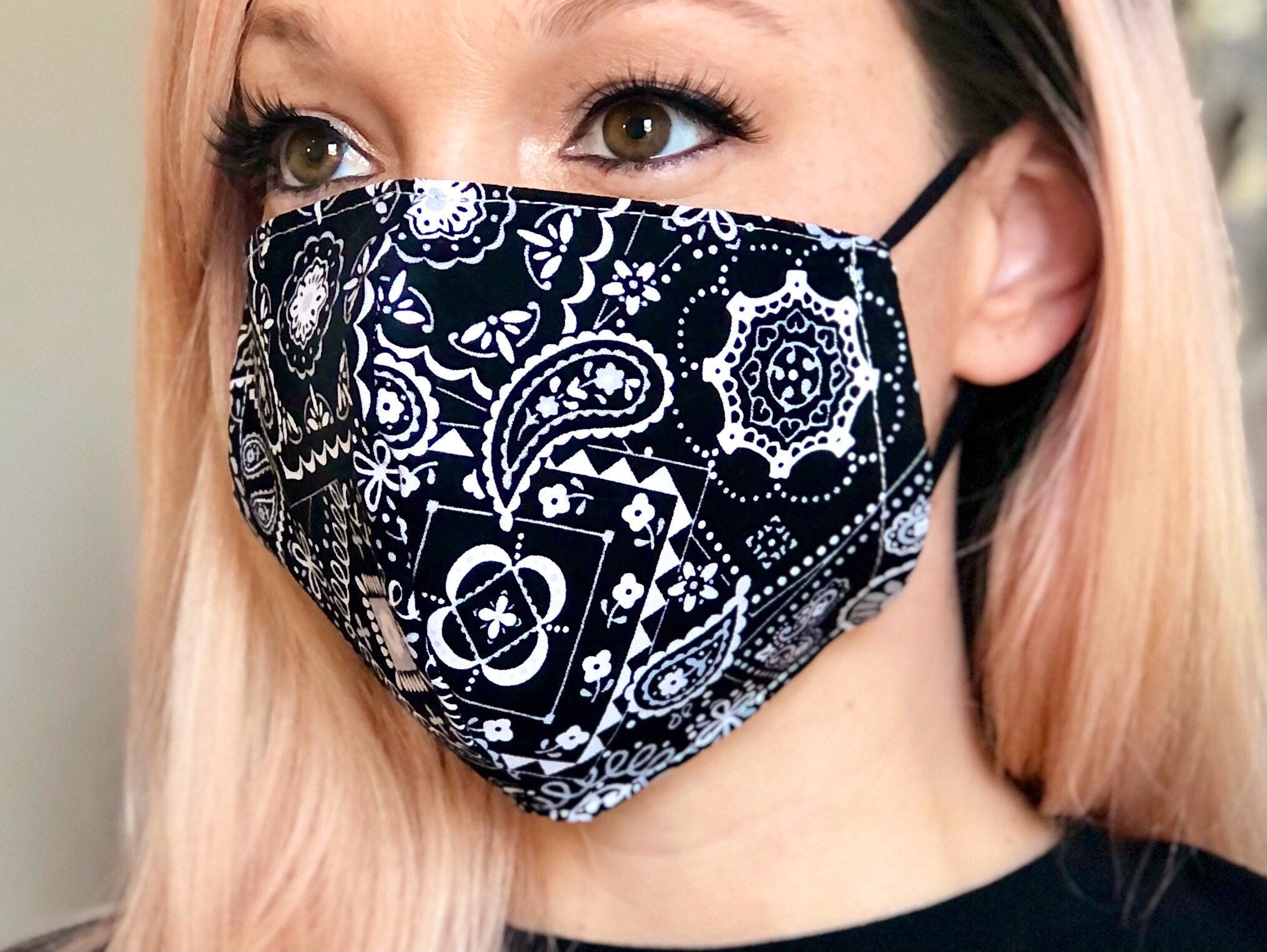 Black Bandana 100 Cotton Face Mask 2Layer Breathable Cloth Etsy