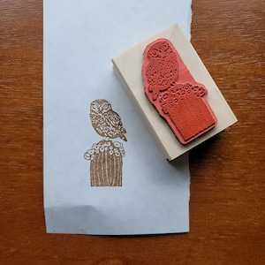 Original Linocut Styled Owl and Cactus Rubber Stamp