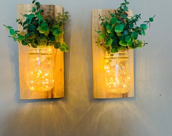 Farmhouse Wall Decor- Rustic Sconce mason jar-cedar plank