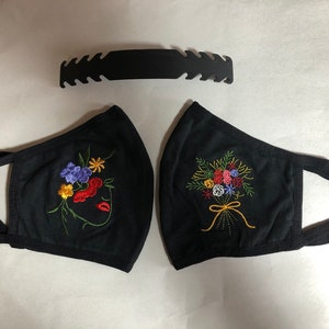 2 piezas de invierno grande bordado negro máscara de cara algodón poliéster mezcla lavable y reutilizable w / correa libre - retorno libre