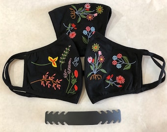 3 pieces Large Embroidered Black Face Mask Unisex Cotton Washable w/free strap - free return
