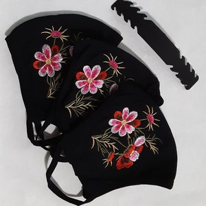 3 piezas gran otoño bordado negro máscara de cara unisex algodón poliéster mezcla lavable w / correa libre - retorno libre
