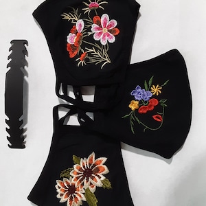 3 pieces Season Large Summer, Autumn and Winter Embroidered Black Face Mask Unisex Cotton Polyester Blend Washable w/free strap -free return