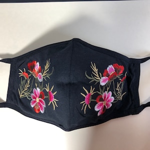 2 piezas de otoño medio bordado negro máscara de cara unisex algodón poliéster mezcla lavable w / correa libre - retorno libre