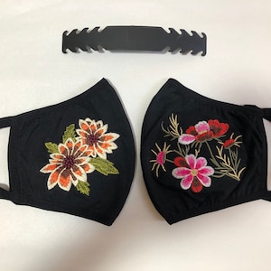 2 pieces Medium Summer and Autumn Embroidered Black Face Mask Cotton Polyester Blend Reusable & Washable w/free yellow strap - free return
