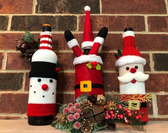 3 pack - Christmas Wine Bottle Covers Beige & Red - Christmas gift - Christmas decoration - Holiday Table Holiday Decoration - free return