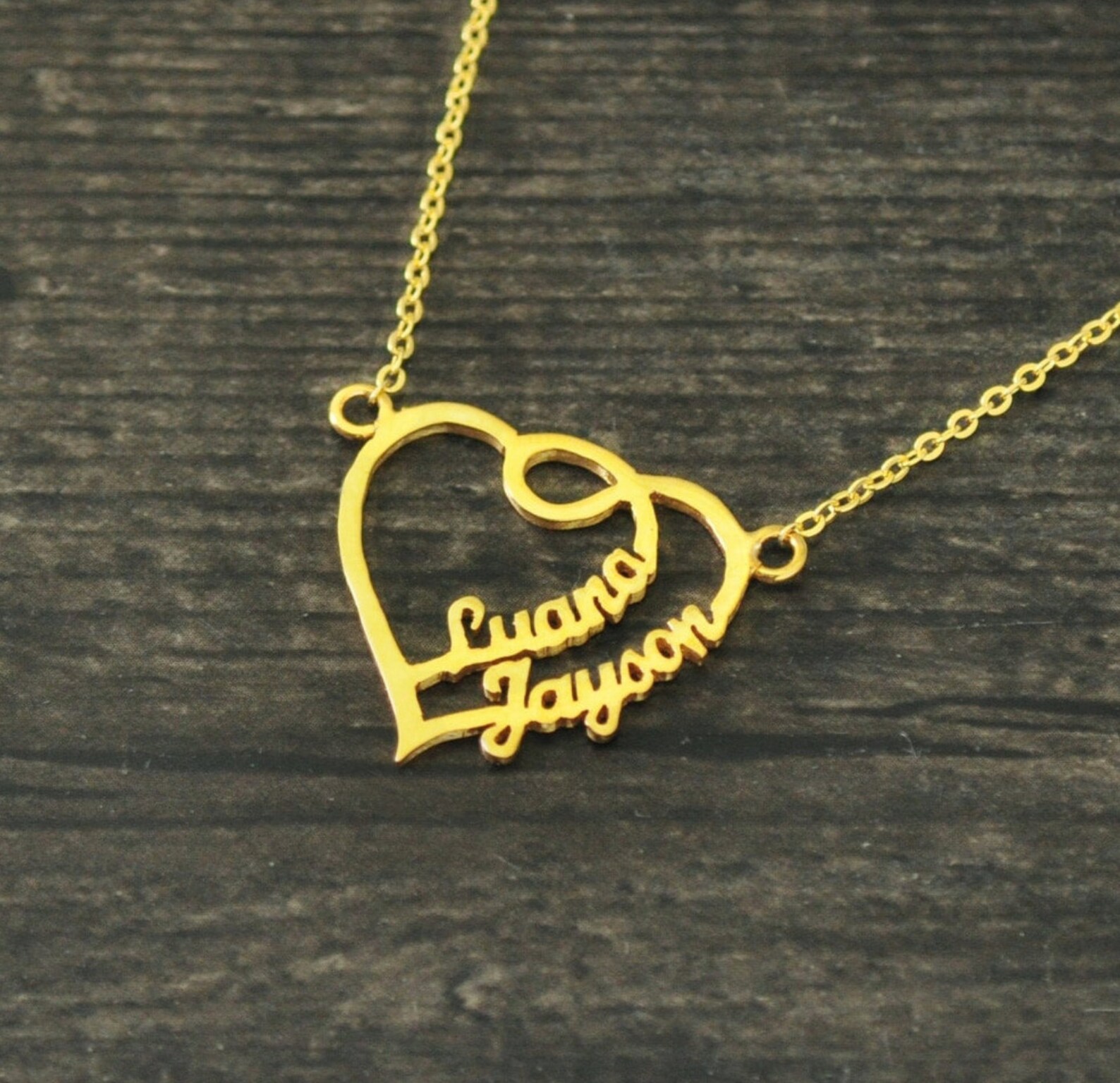 Personalized Necklace Two Names in Heart Custom Couple Name Etsy