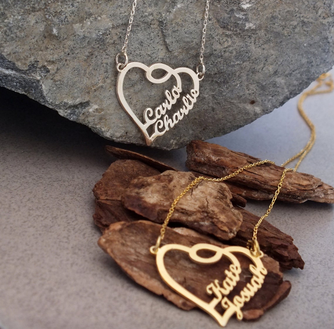 Personalized Necklace Two Names in Heart Custom Couple Name Etsy