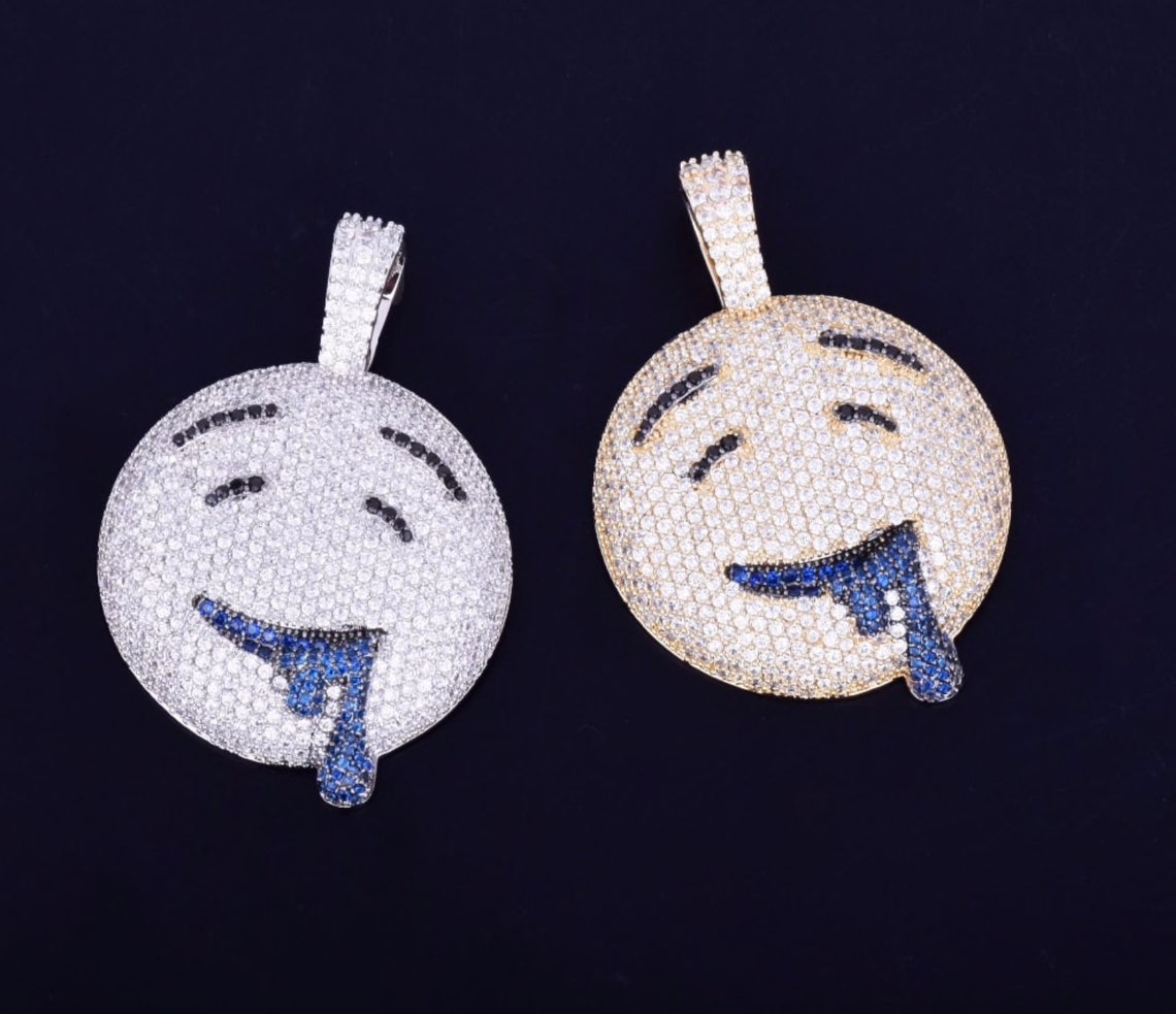 Iced Out Drool Emoji Necklace 18K Gold Plated CZ Emoji Etsy