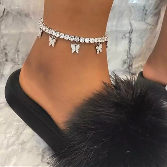 Tennis Chain Butterfly Anklet with CZ Stones Foot Jewelry Tennis Chain Ankle Bracelet Leg Accessories BFF Gift Bridesmaid Girlfriend